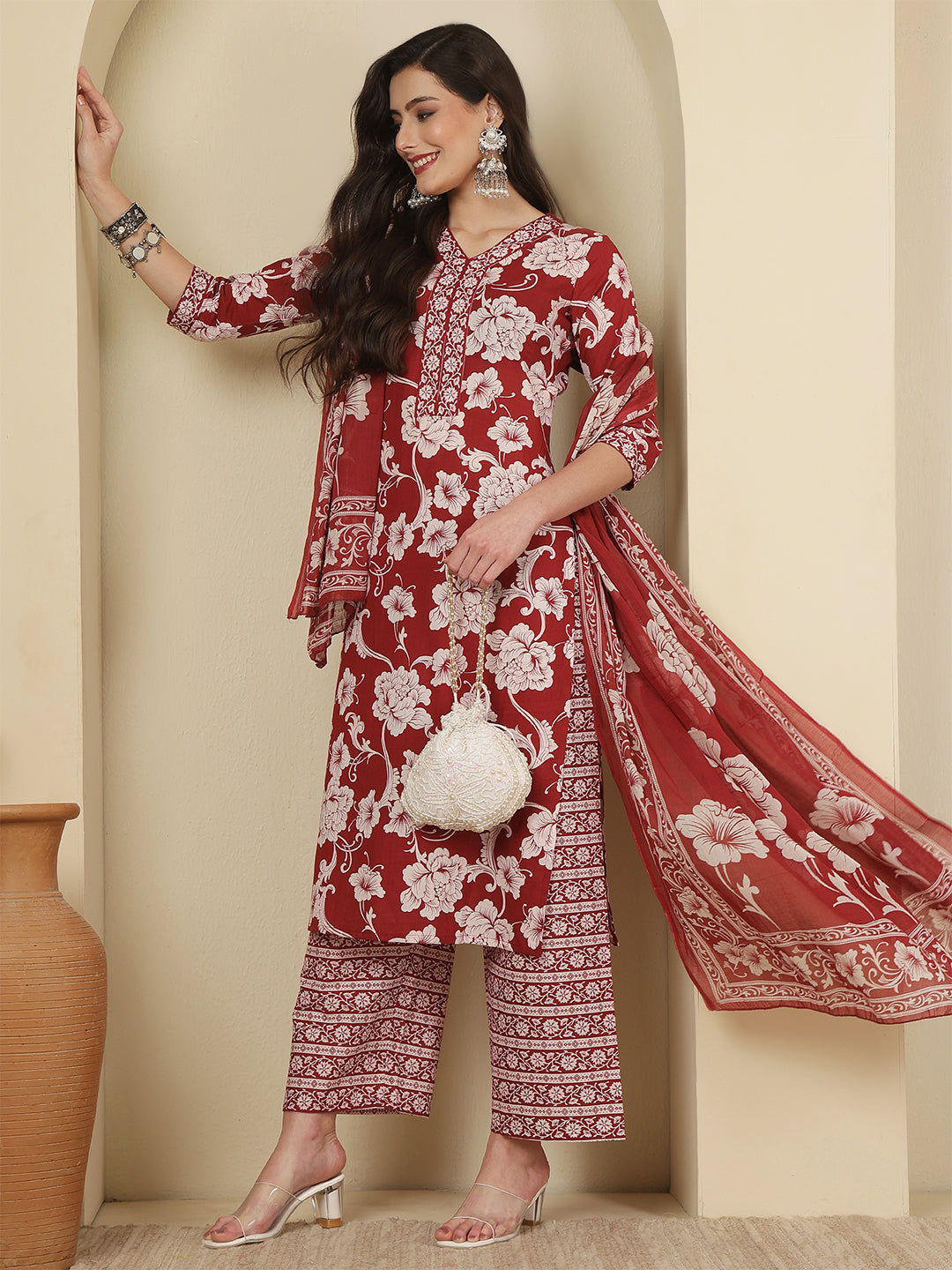 Maroon Printed Kurta Set with Dupatta