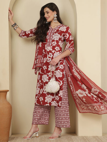 Maroon Printed Kurta Set with Dupatta