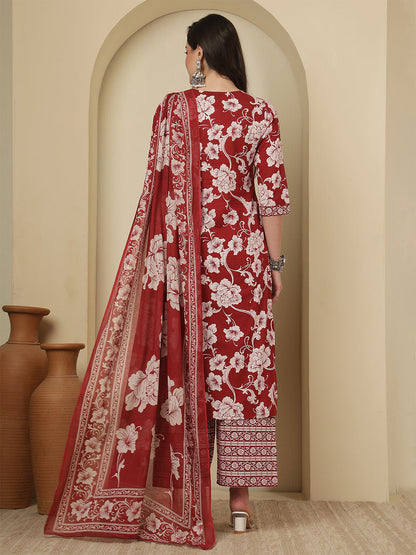 Maroon Printed Kurta Set with Dupatta