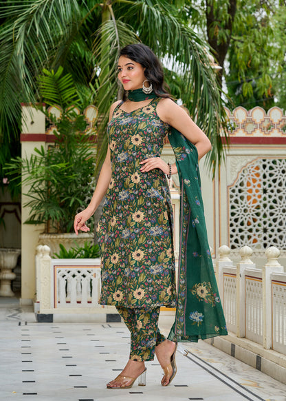 Green Floral Printed Kurta Set with Dupatta