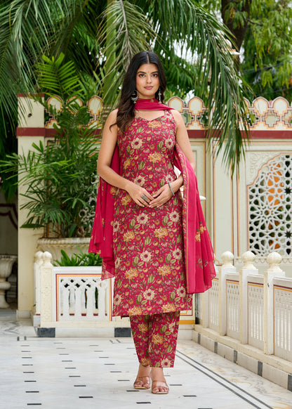 Pink Floral Printed Kurta Set with Dupatta
