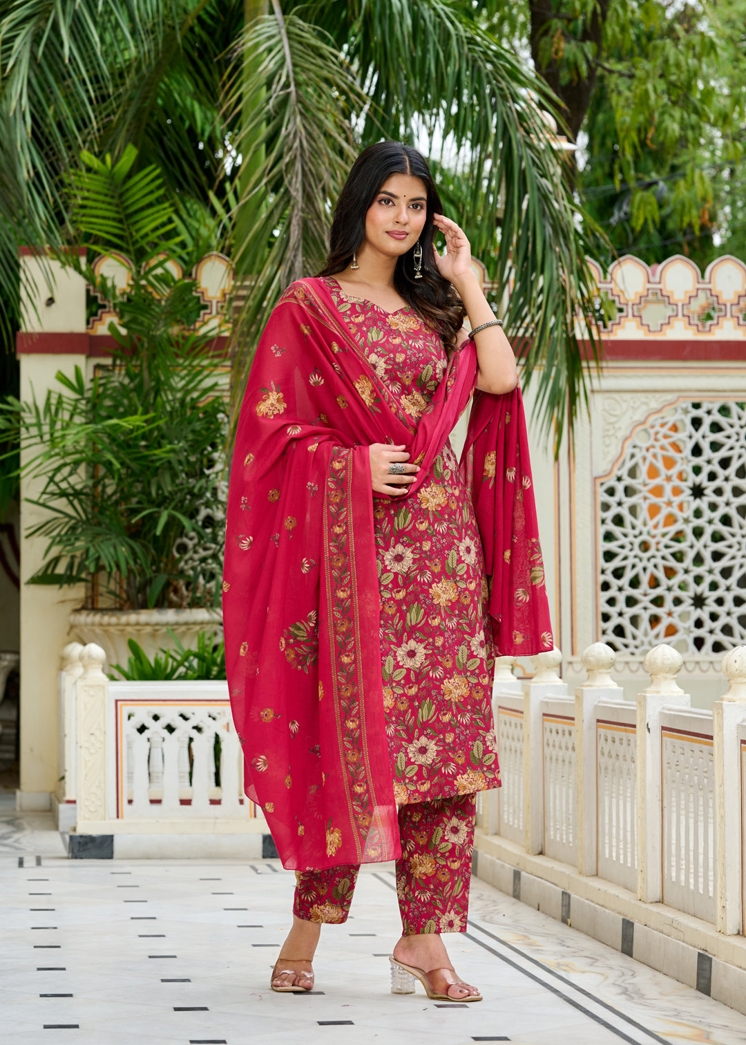 Pink Floral Printed Kurta Set with Dupatta