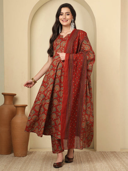 Maroon Printed Kurta Set with Dupatta