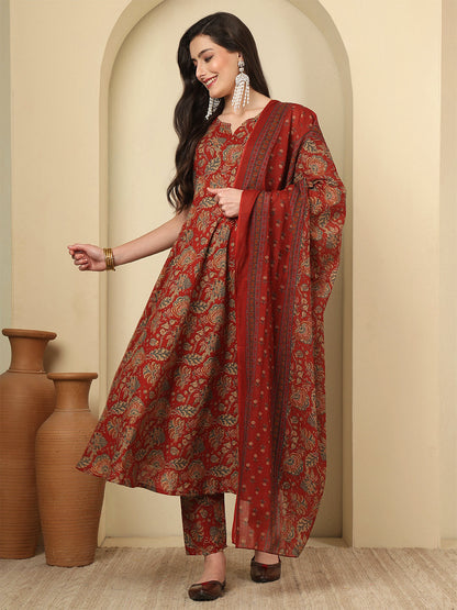 Maroon Printed Kurta Set with Dupatta