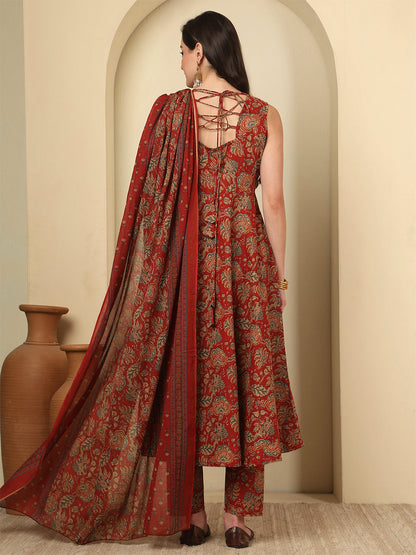 Maroon Printed Kurta Set with Dupatta