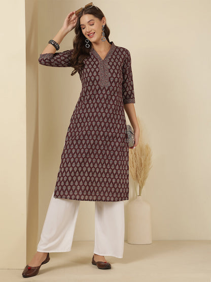 Burgundy Printed Straight Kurta with Three Quarter Sleeves