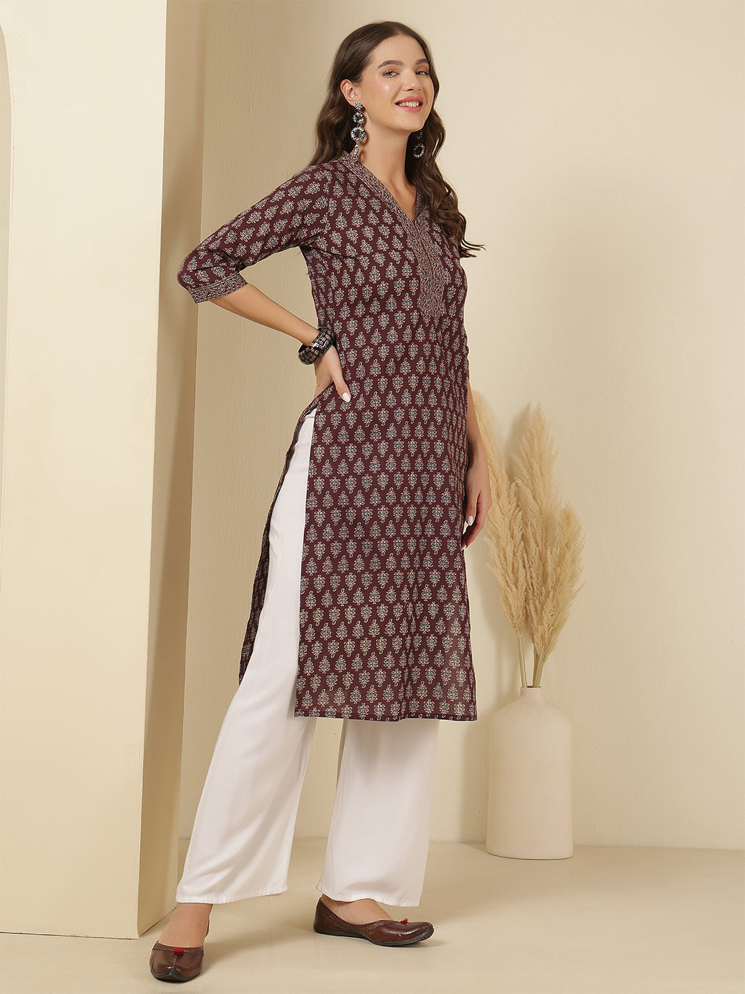 Burgundy Printed Straight Kurta with Three Quarter Sleeves