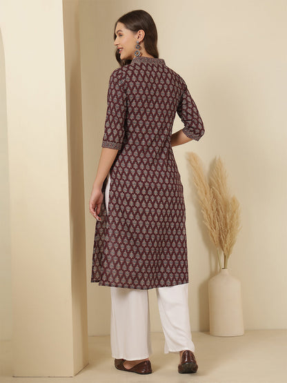 Burgundy Printed Straight Kurta with Three Quarter Sleeves