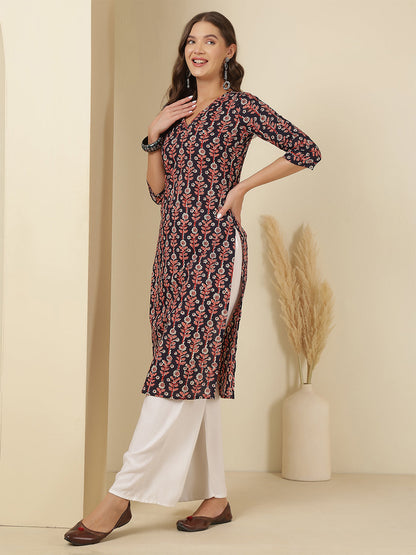 Blue Printed Straight Kurta with Three Quarter Sleeves