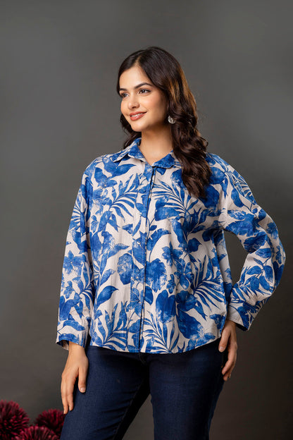 White & Blue Floral Printed Shirt