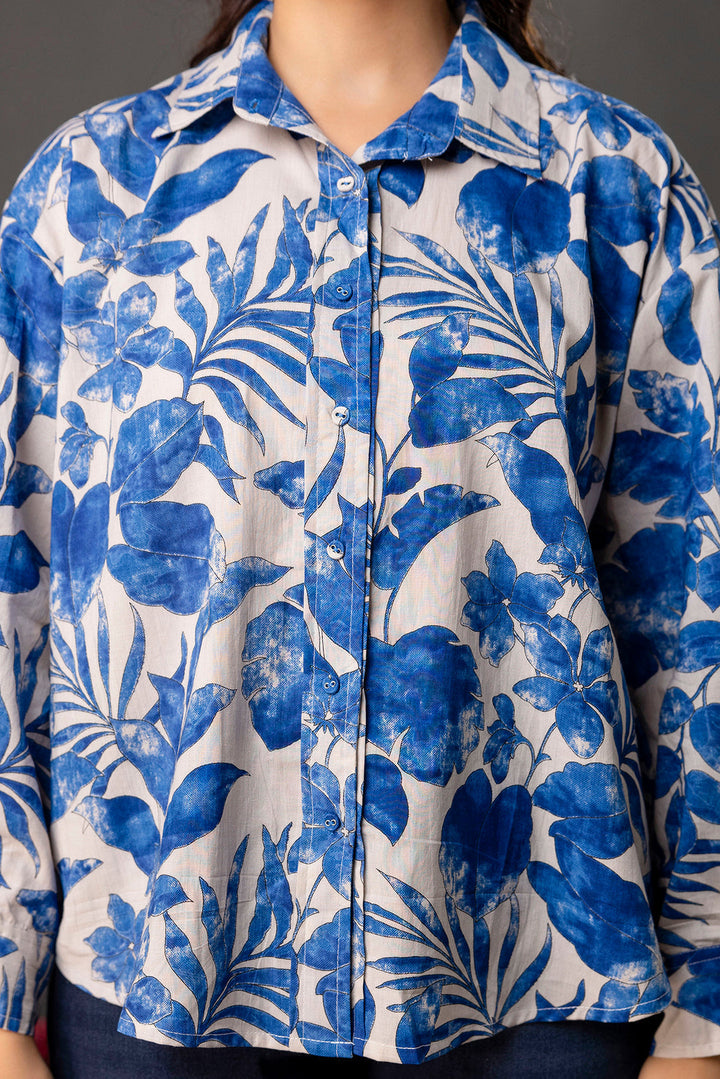 White &amp; Blue Floral Printed Shirt