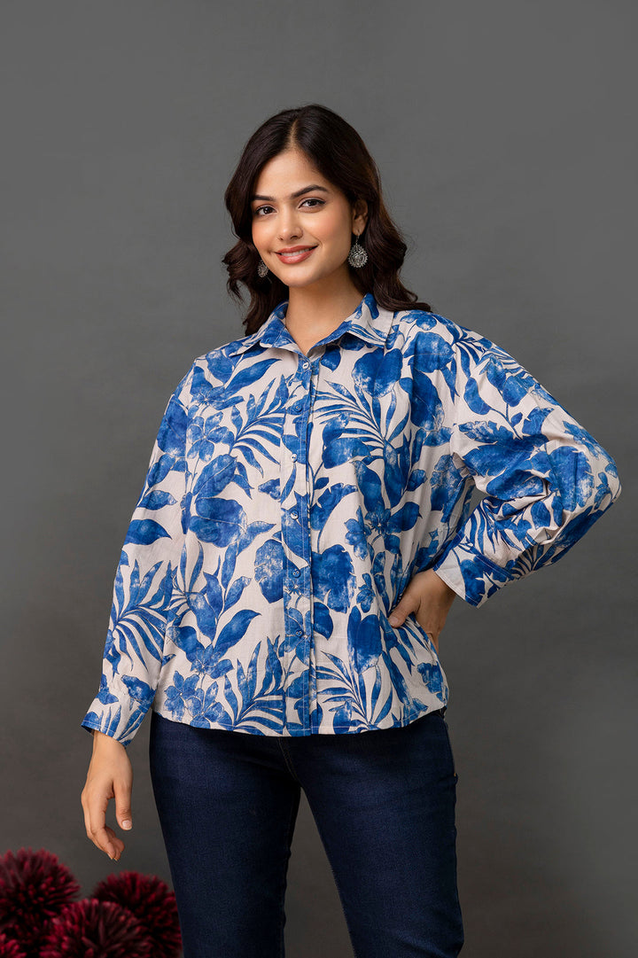 White &amp; Blue Floral Printed Shirt