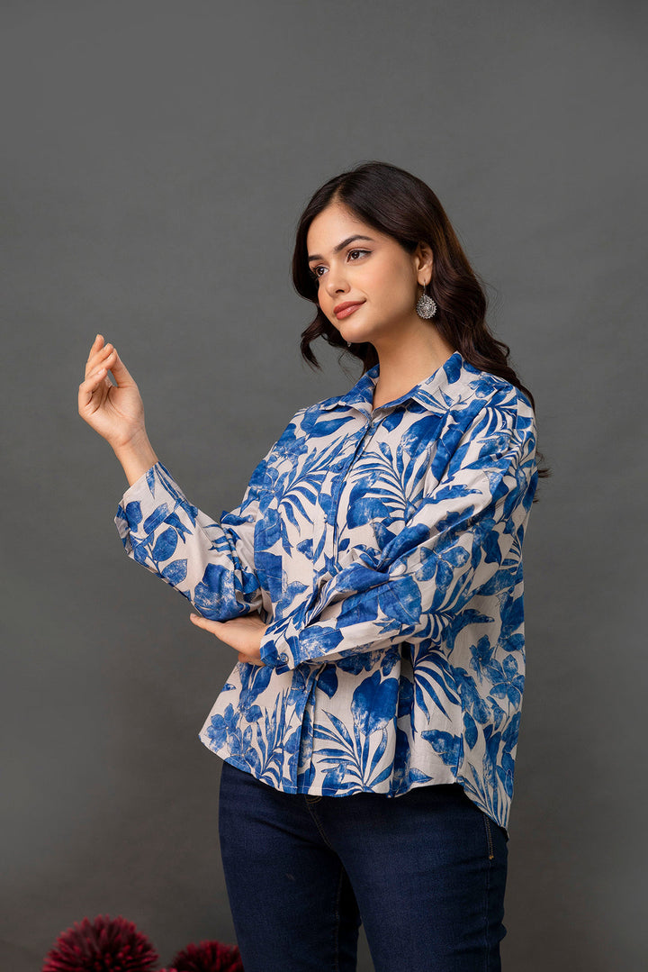 White &amp; Blue Floral Printed Shirt