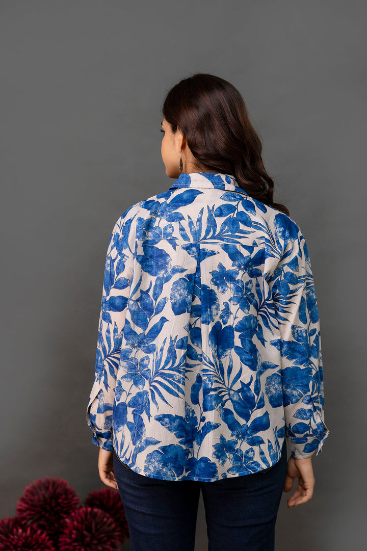 White &amp; Blue Floral Printed Shirt