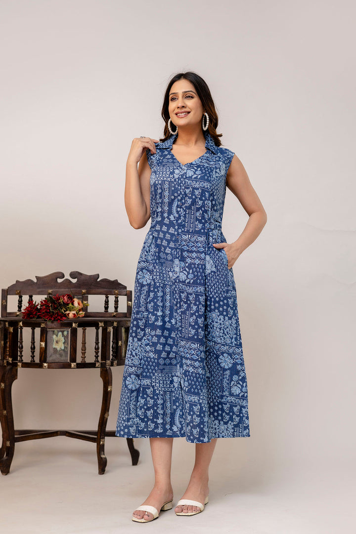 Blue Printed Notched Collar Dress