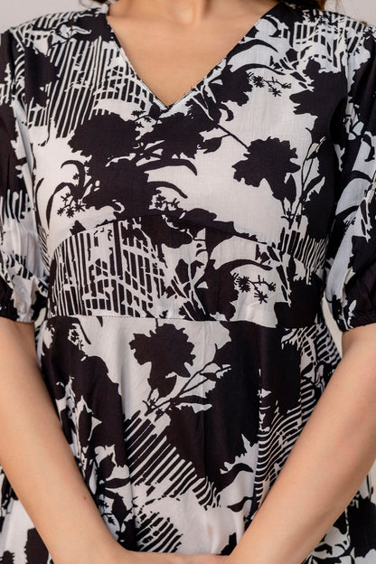 Black Floral Printed Flared Dress