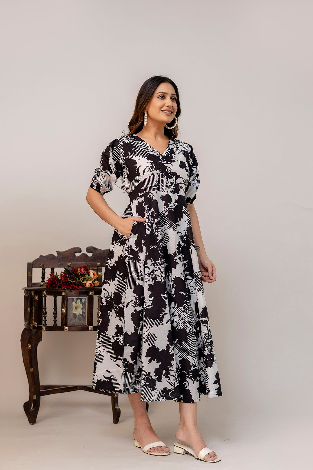 Black Floral Printed Flared Dress