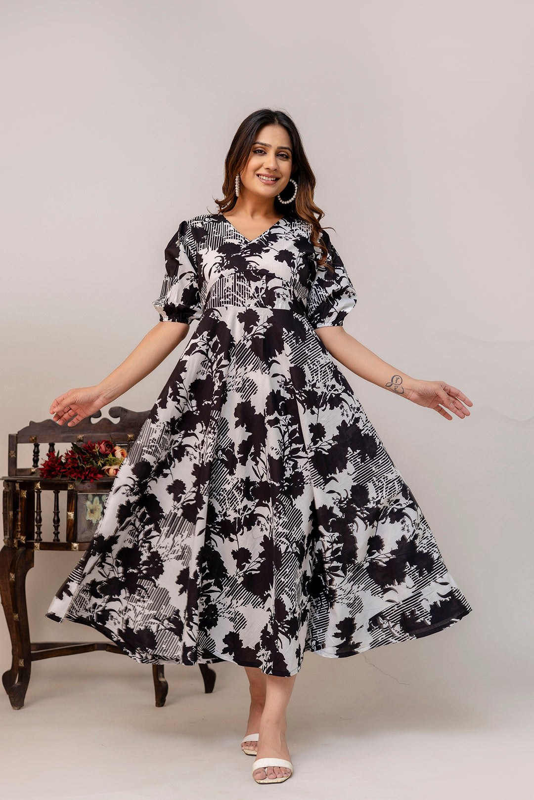 Black Floral Printed Flared Dress