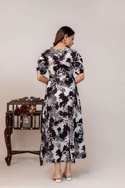 Black Floral Printed Flared Dress