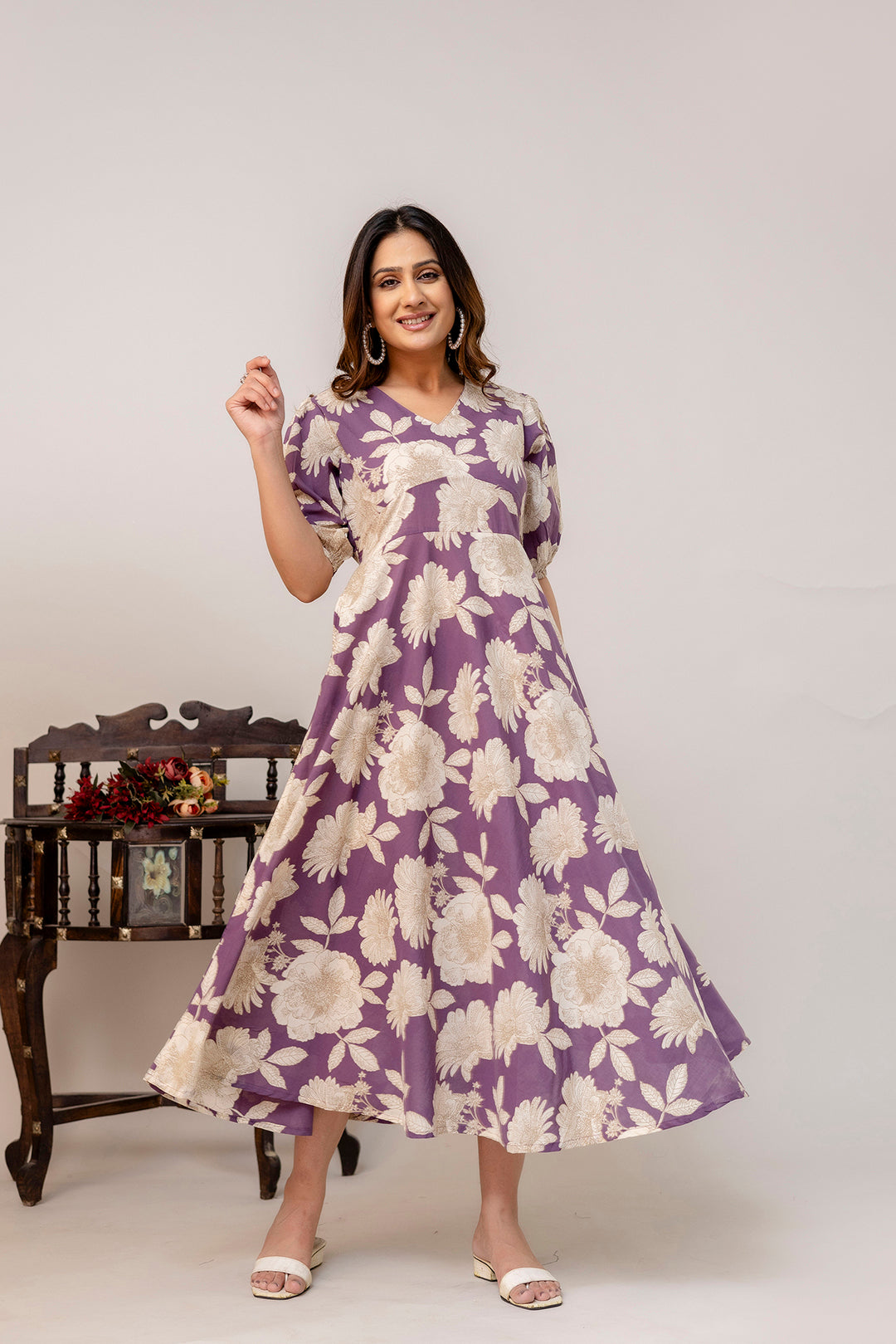 Purple Floral Printed Flared Dress