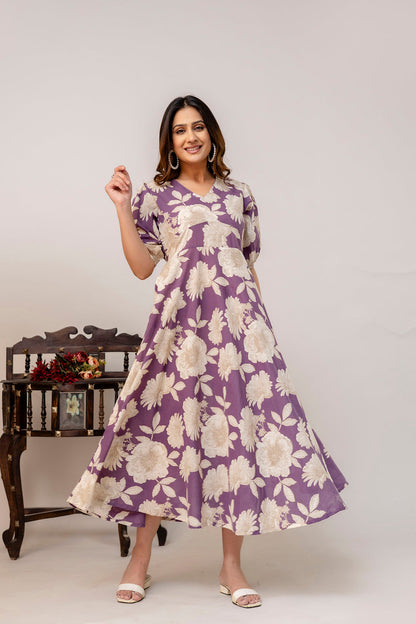 Purple Floral Printed Flared Dress