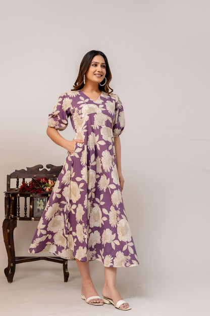 Purple Floral Printed Flared Dress