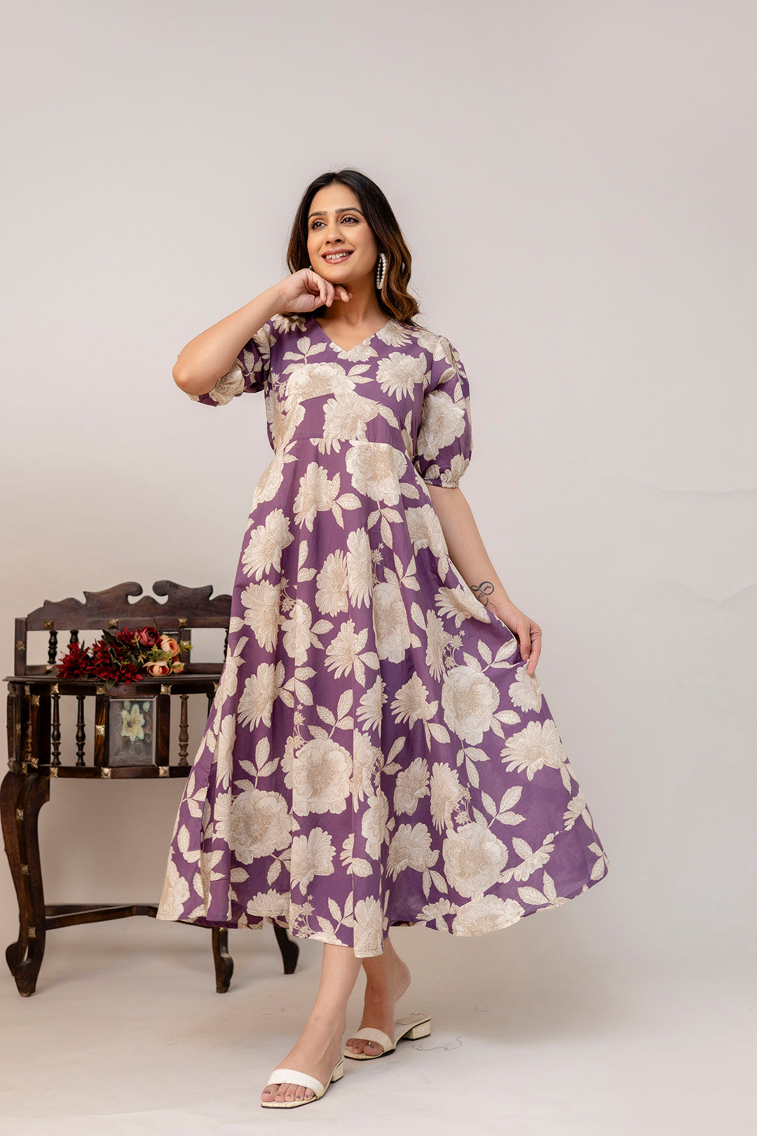 Purple Floral Printed Flared Dress