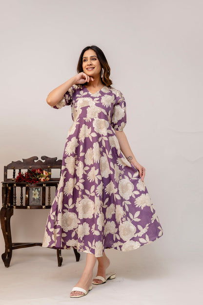 Purple Floral Printed Flared Dress