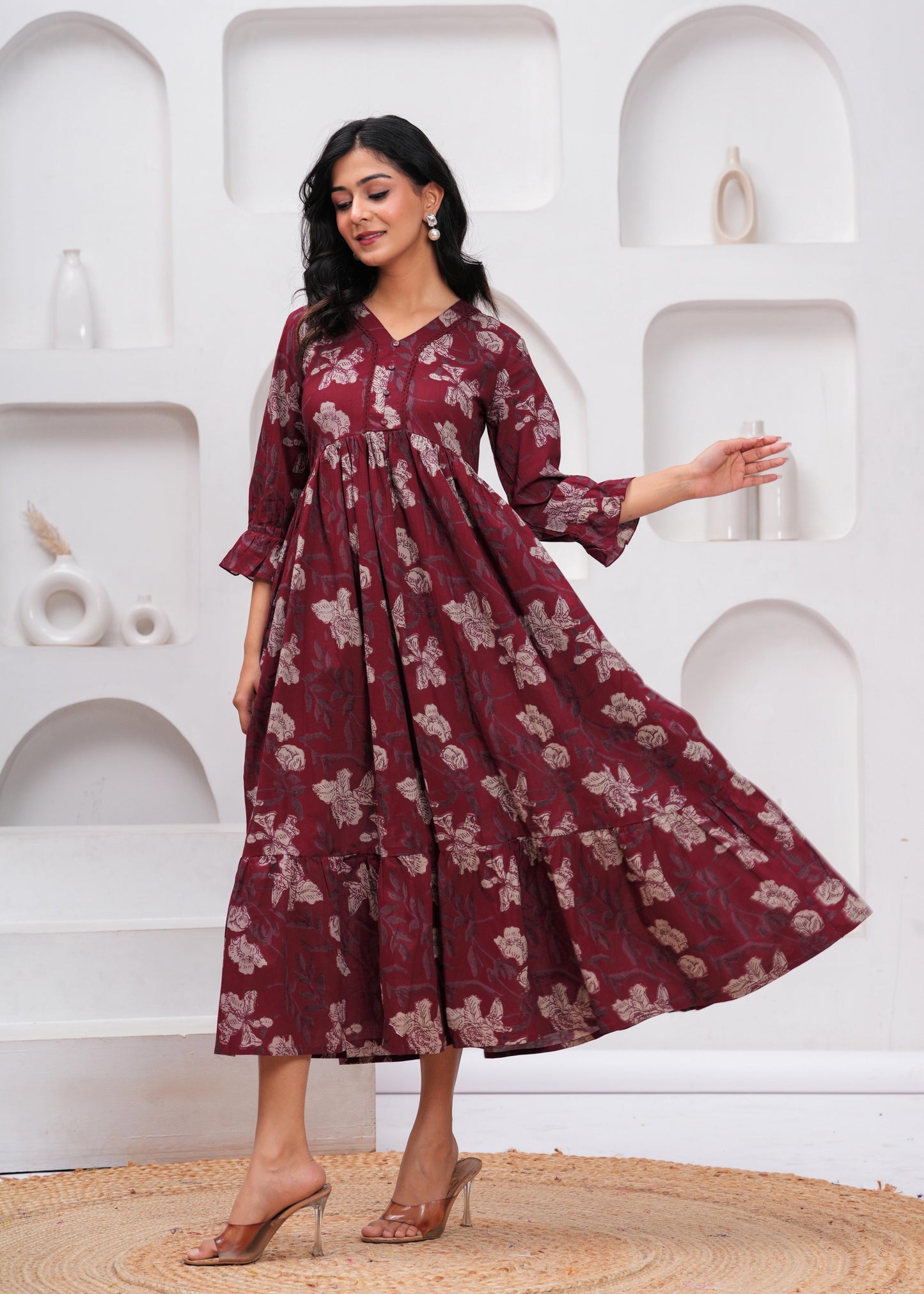 Burgundy Floral Printed Flared Dress