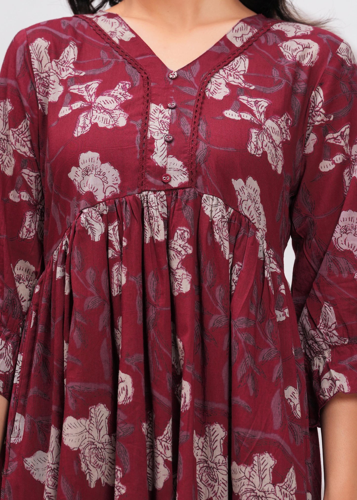 Burgundy Floral Printed Flared Dress