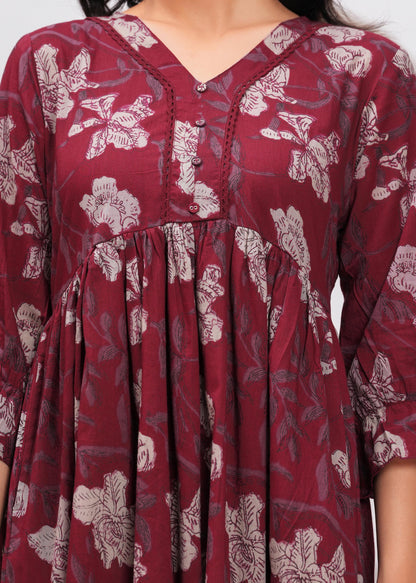 Burgundy Floral Printed Flared Dress