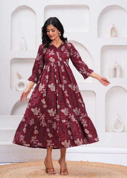 Burgundy Floral Printed Flared Dress
