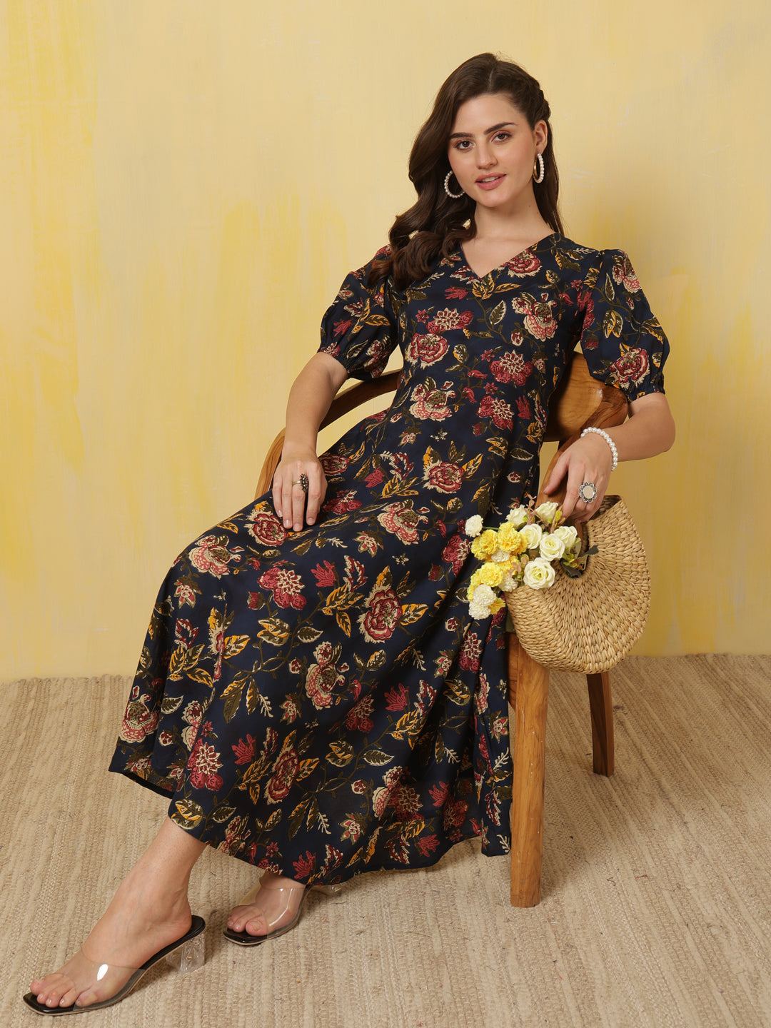 Blue Floral Printed Flared Dress