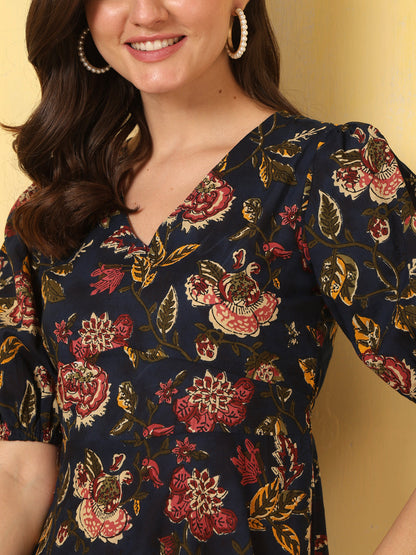 Blue Floral Printed Flared Dress