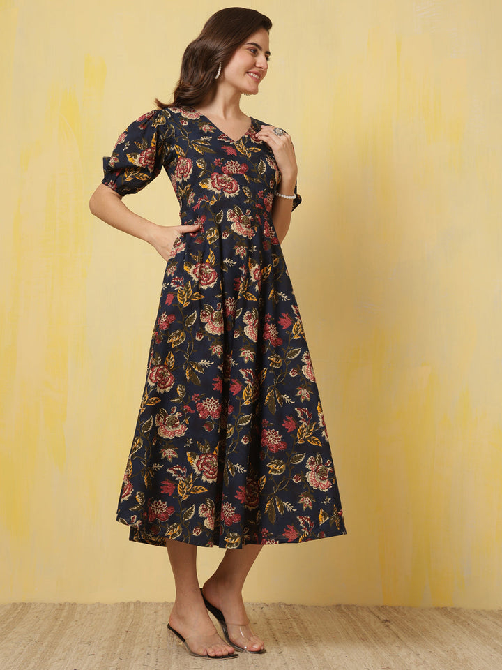 Blue Floral Printed Flared Dress