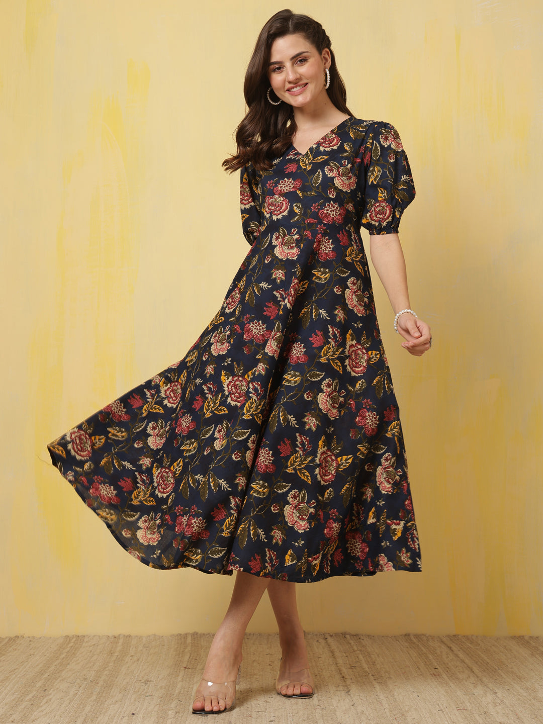 Blue Floral Printed Flared Dress