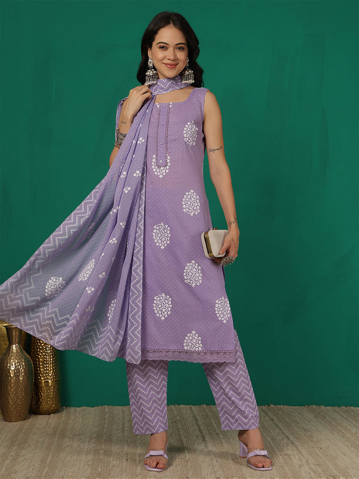 Purple Printed Kurta Set with Dupatta