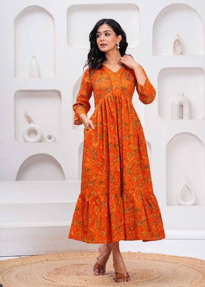 Orange Floral Printed Flared Dress