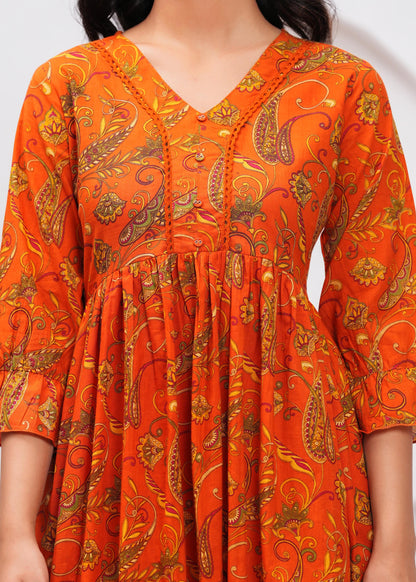 Orange Floral Printed Flared Dress
