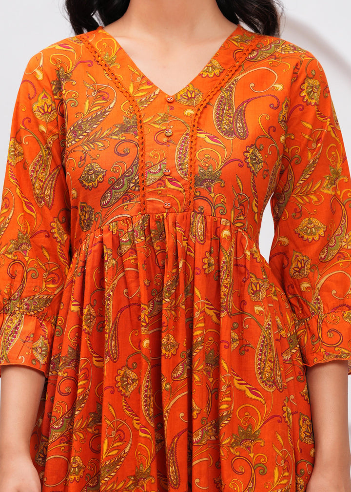 Orange Floral Printed Flared Dress