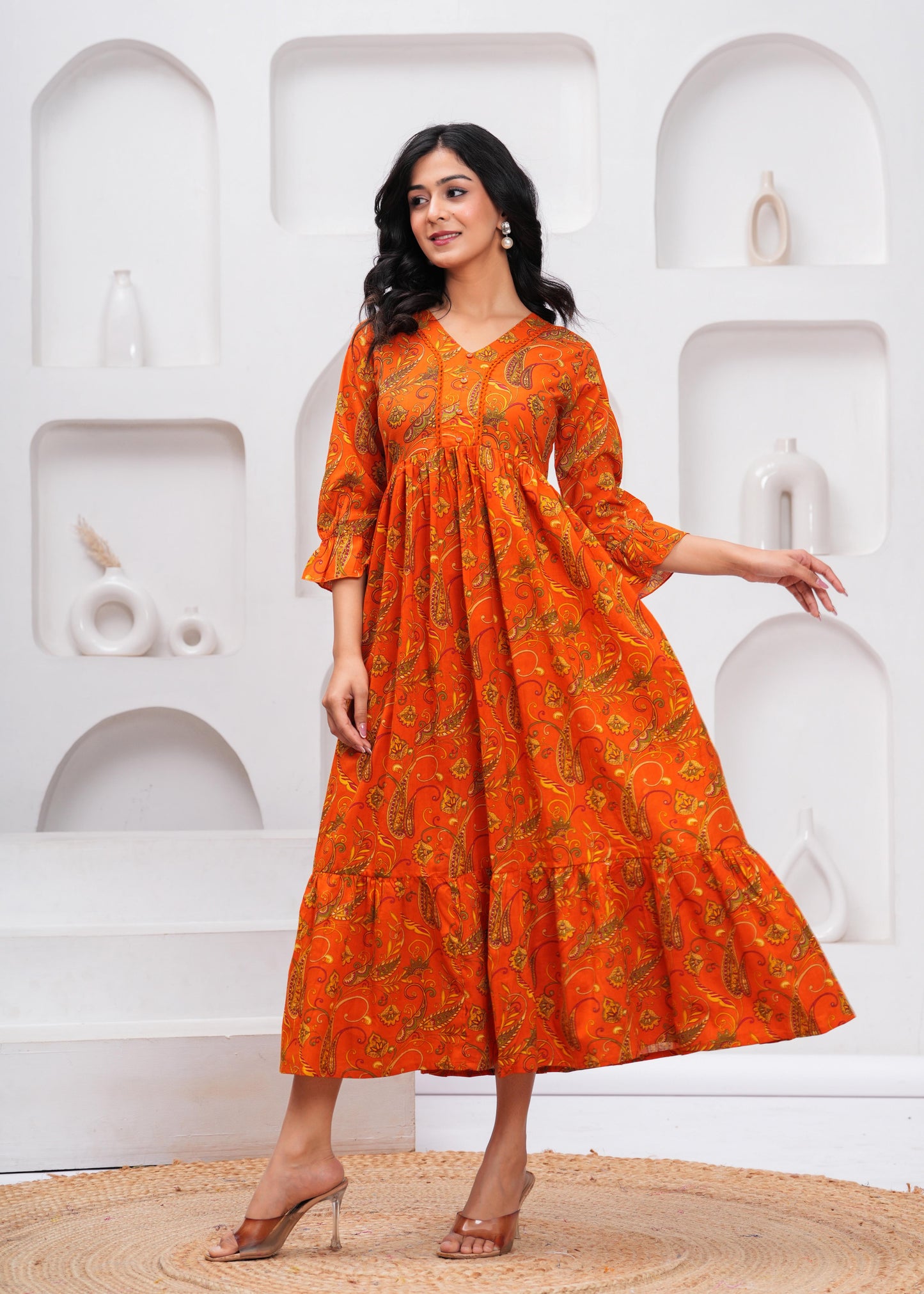 Orange Floral Printed Flared Dress