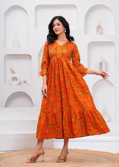 Orange Floral Printed Flared Dress