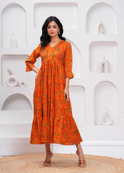 Orange Floral Printed Flared Dress