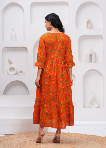 Orange Floral Printed Flared Dress