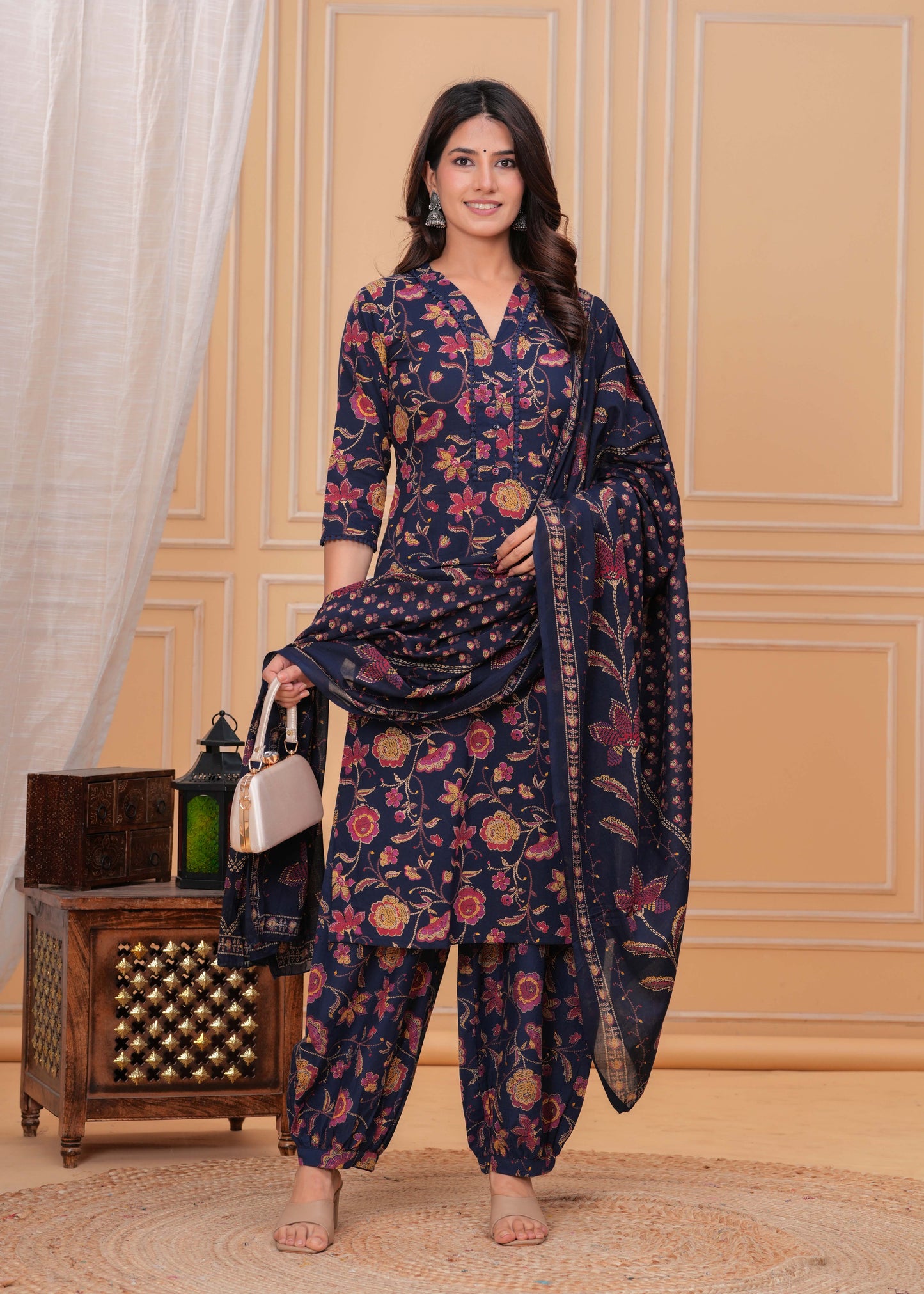 Blue Printed Straight Kurta Set With Dupatta