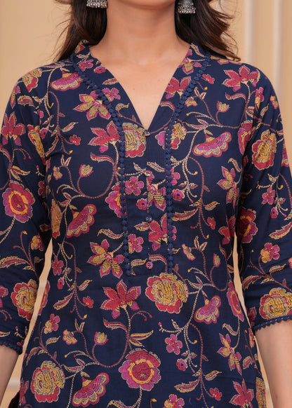 Blue Printed Straight Kurta Set With Dupatta
