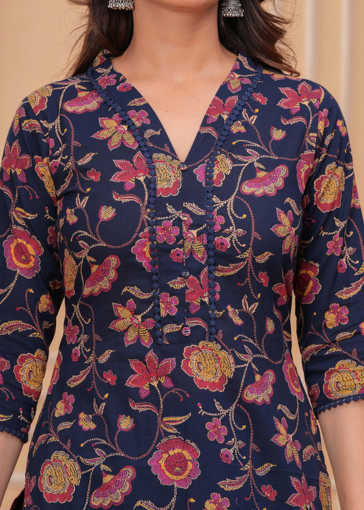 Blue Printed Straight Kurta Set With Dupatta