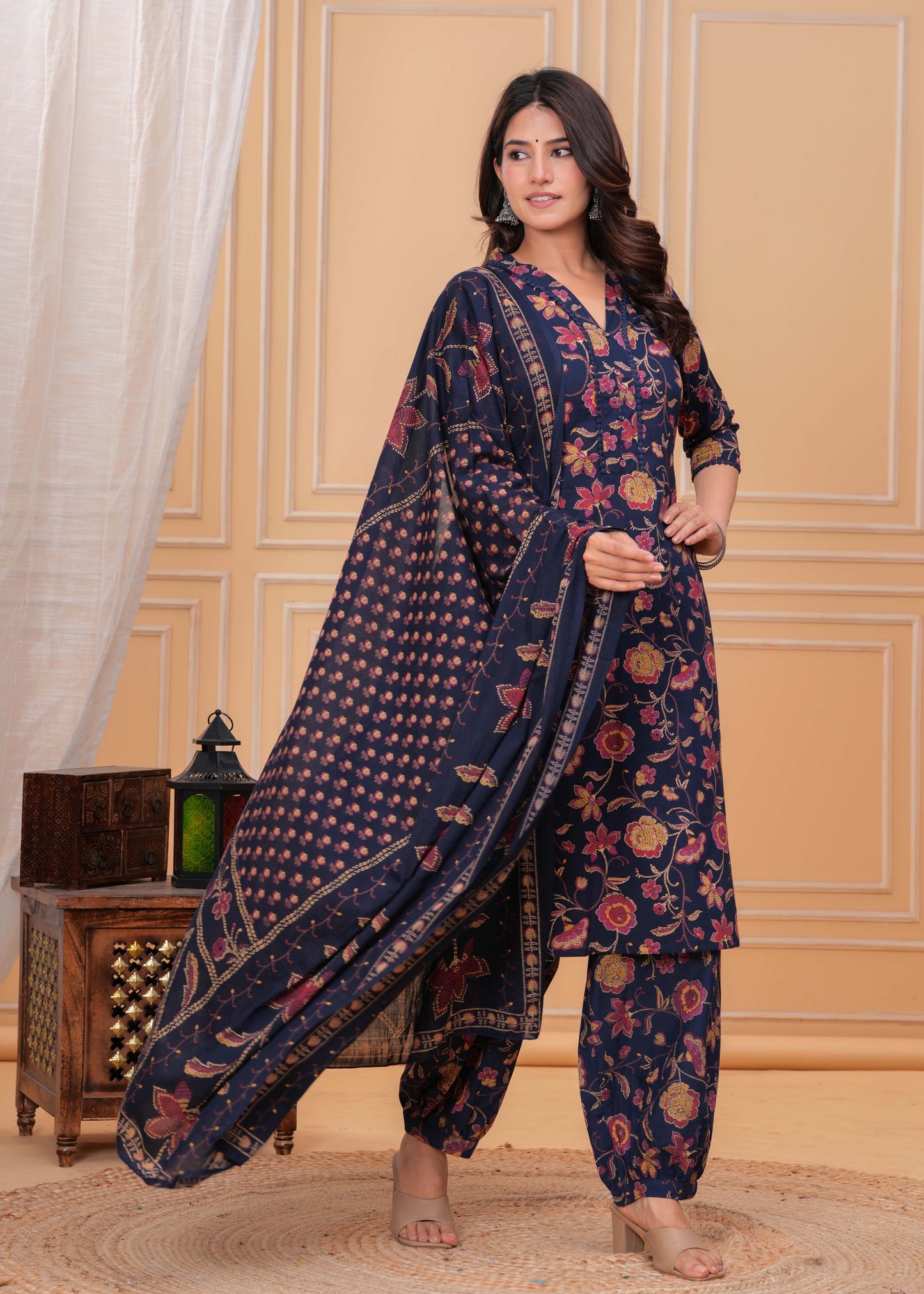 Blue Printed Straight Kurta Set With Dupatta