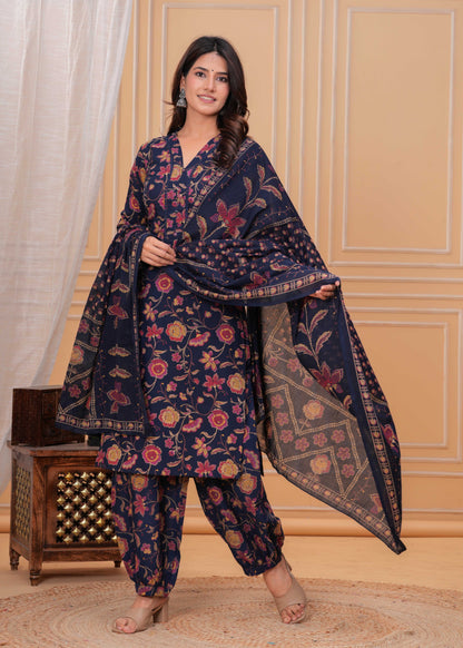 Blue Printed Straight Kurta Set With Dupatta