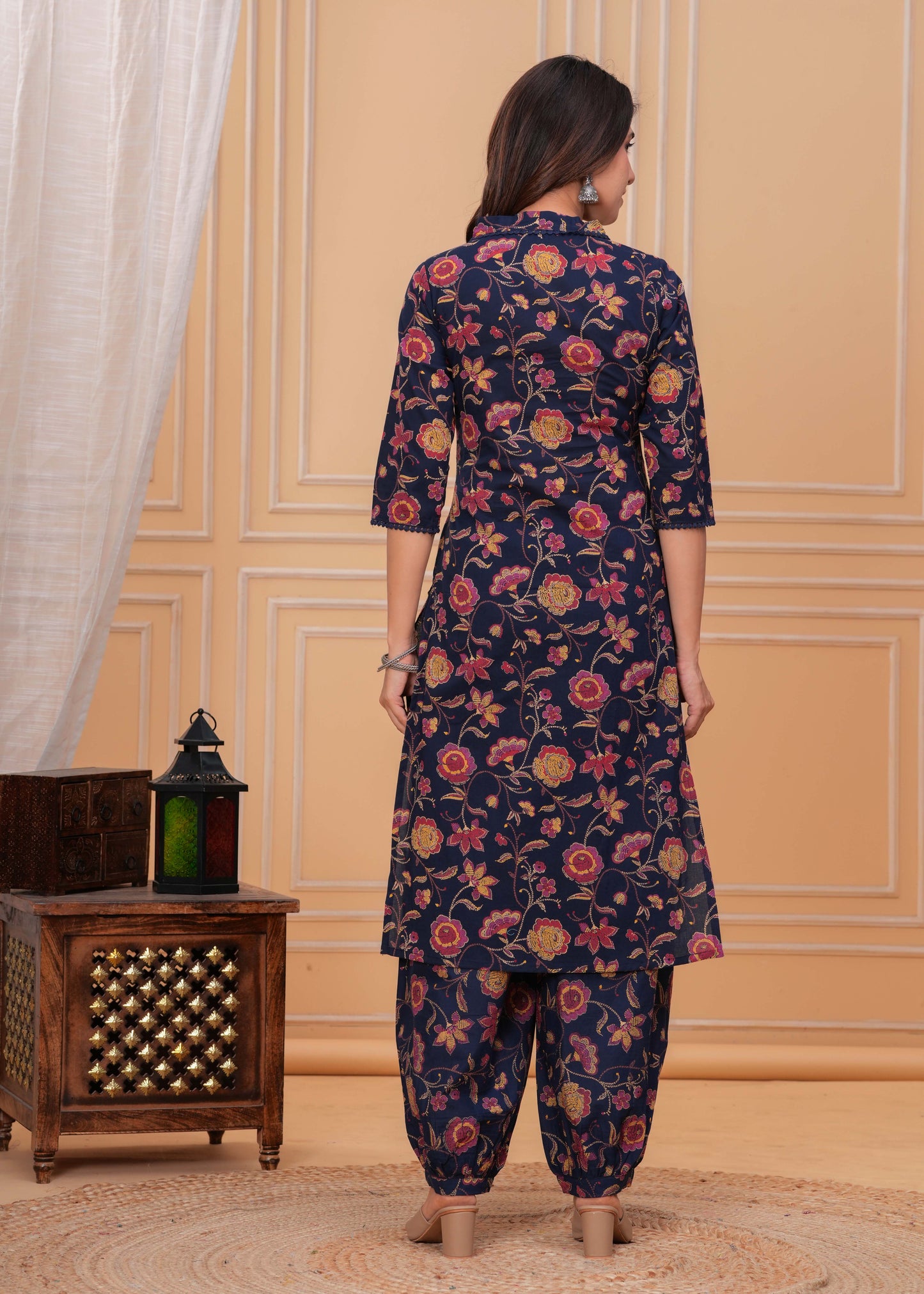 Blue Printed Straight Kurta Set With Dupatta